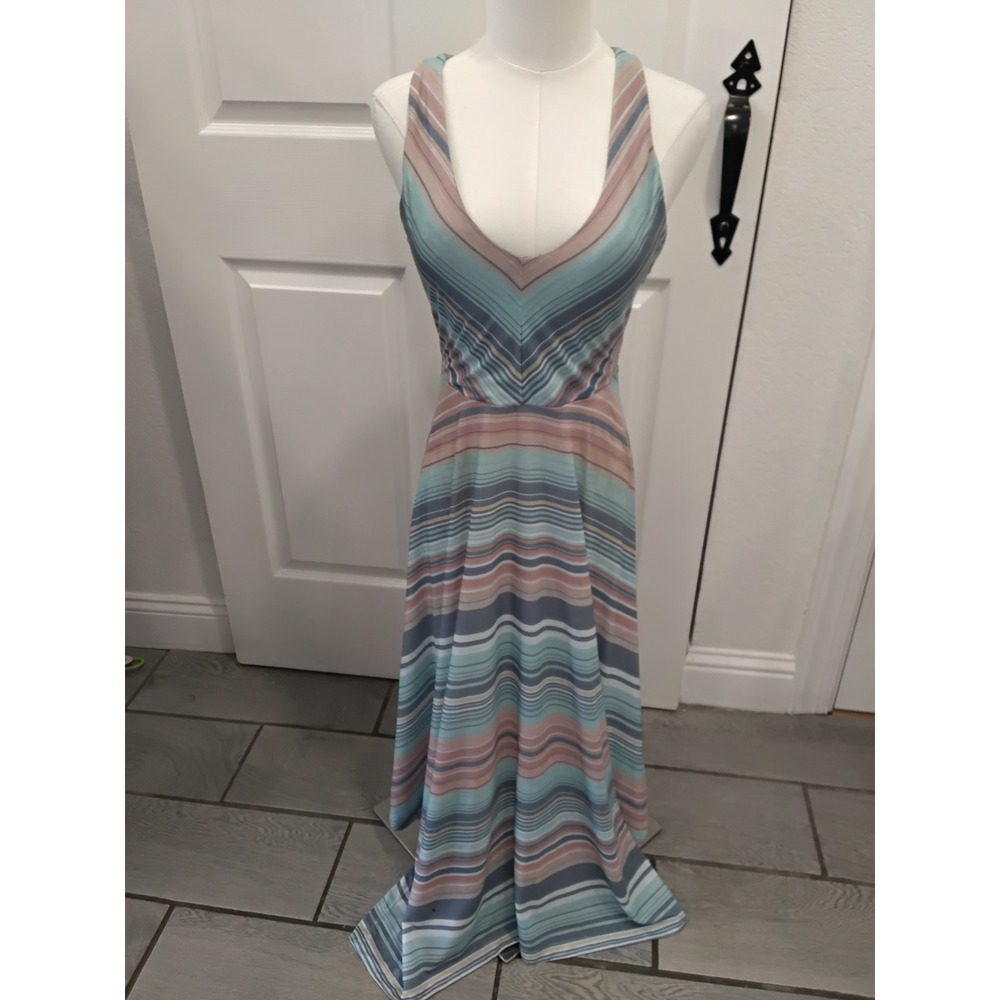 Prana Women Blue Pink Striped‎ V-Neck Cross Back Shelf Bra Maxi Dress Small